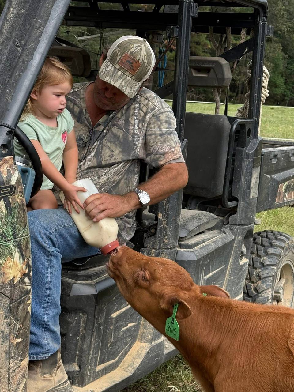 Creekside Ranch family bottle-feeding a Red Angus calf in Poplarville Mississippi